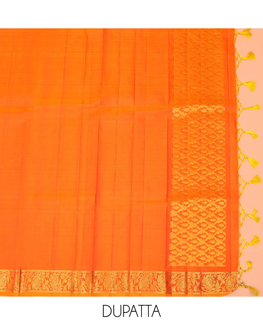 Red zari butta enclosed checked pure-silk half-saree with contrast traditional border of mayil designs, contrast zari bordered blouse, and jaal design dhavani - Image 5
