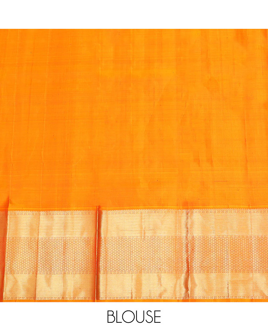 Red zari butta enclosed checked pure-silk half-saree with contrast traditional border of mayil designs, contrast zari bordered blouse, and jaal design dhavani - Image 6