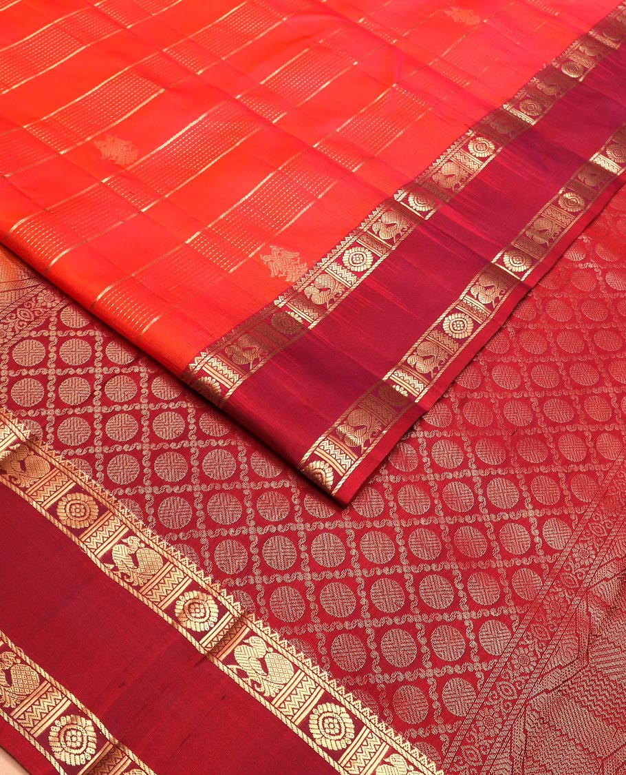 Red zari buttas and iruthalai pakshi buttas Vasundhara silk saree, contrast rettai pettu border of rekku, and annam chakram motifs, and rudraksham butta enclosed jaal designs - Image 2