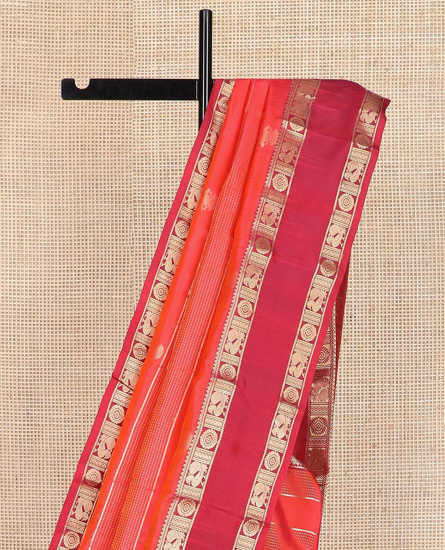 Red zari buttas and iruthalai pakshi buttas Vasundhara silk saree, contrast rettai pettu border of rekku, and annam chakram motifs, and rudraksham butta enclosed jaal designs - Image 3