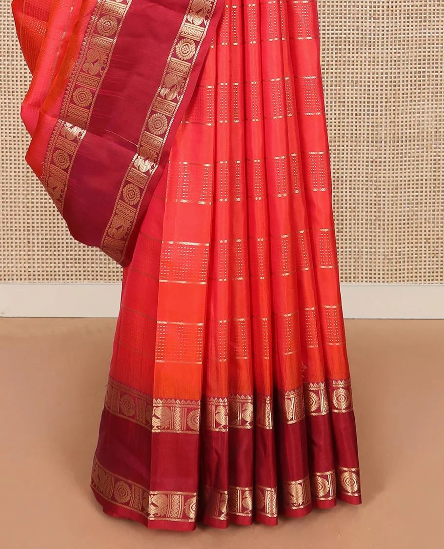 Red zari buttas and iruthalai pakshi buttas Vasundhara silk saree, contrast rettai pettu border of rekku, and annam chakram motifs, and rudraksham butta enclosed jaal designs - Image 4