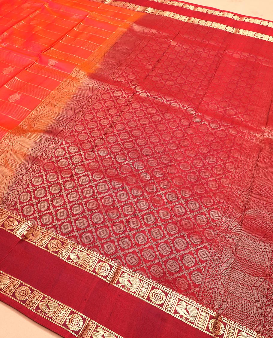 Red zari buttas and iruthalai pakshi buttas Vasundhara silk saree, contrast rettai pettu border of rekku, and annam chakram motifs, and rudraksham butta enclosed jaal designs - Image 5