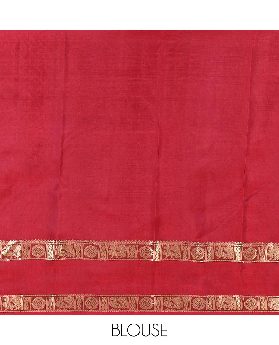Red zari buttas and iruthalai pakshi buttas Vasundhara silk saree, contrast rettai pettu border of rekku, and annam chakram motifs, and rudraksham butta enclosed jaal designs - Image 6