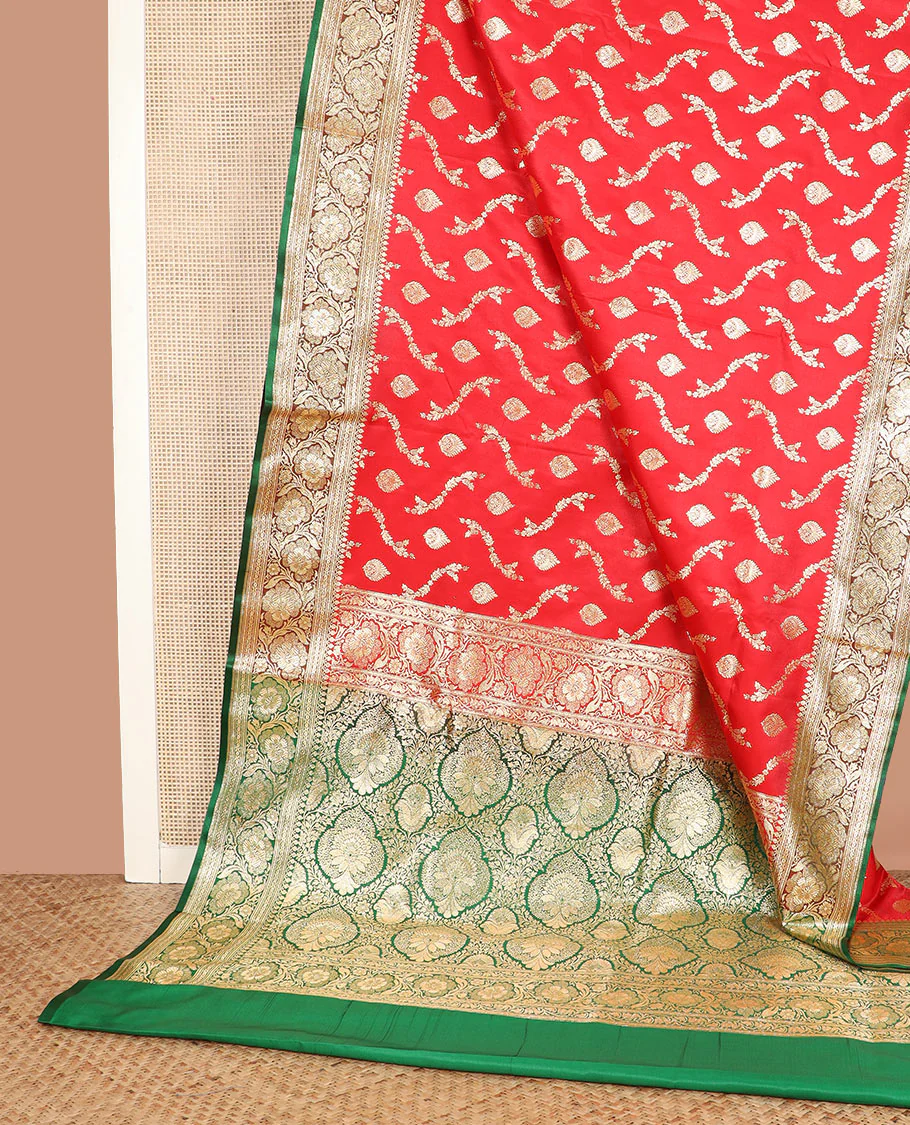 Red zari buttas and leaf vine banarasi silk saree, contrast floral creeper design border, and intricately patterned pallu - Image 2