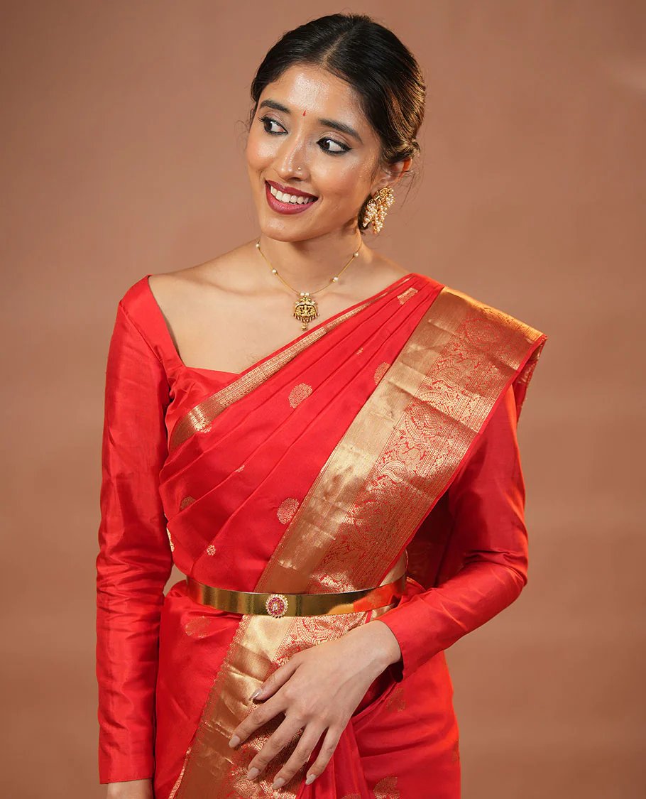 Red zari buttas and mamallapuram temple motifs zari woven silk saree, zari border of salangi, muthu, banaras, mayil, and lavangam designs, and intricate pallu - Image 2