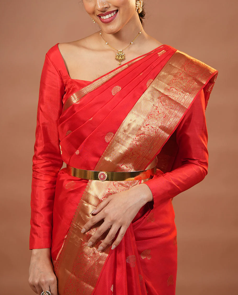 Red zari buttas and mamallapuram temple motifs zari woven silk saree, zari border of salangi, muthu, banaras, mayil, and lavangam designs, and intricate pallu - Image 3