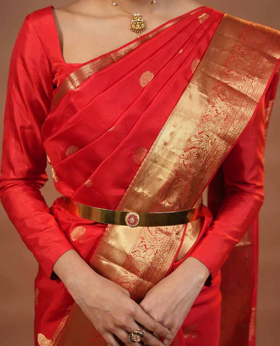 Red zari buttas and mamallapuram temple motifs zari woven silk saree, zari border of salangi, muthu, banaras, mayil, and lavangam designs, and intricate pallu - Image 4