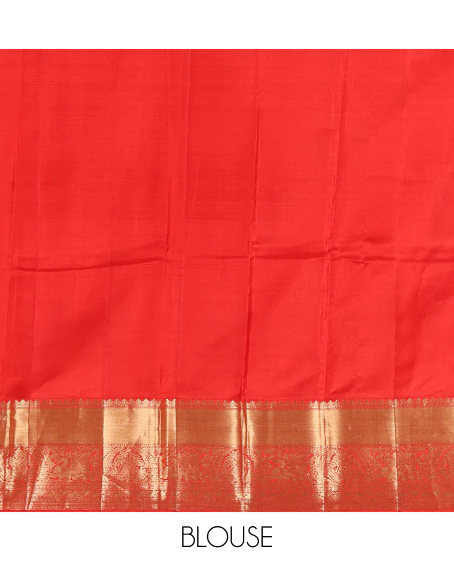 Red zari buttas and mamallapuram temple motifs zari woven silk saree, zari border of salangi, muthu, banaras, mayil, and lavangam designs, and intricate pallu - Image 5