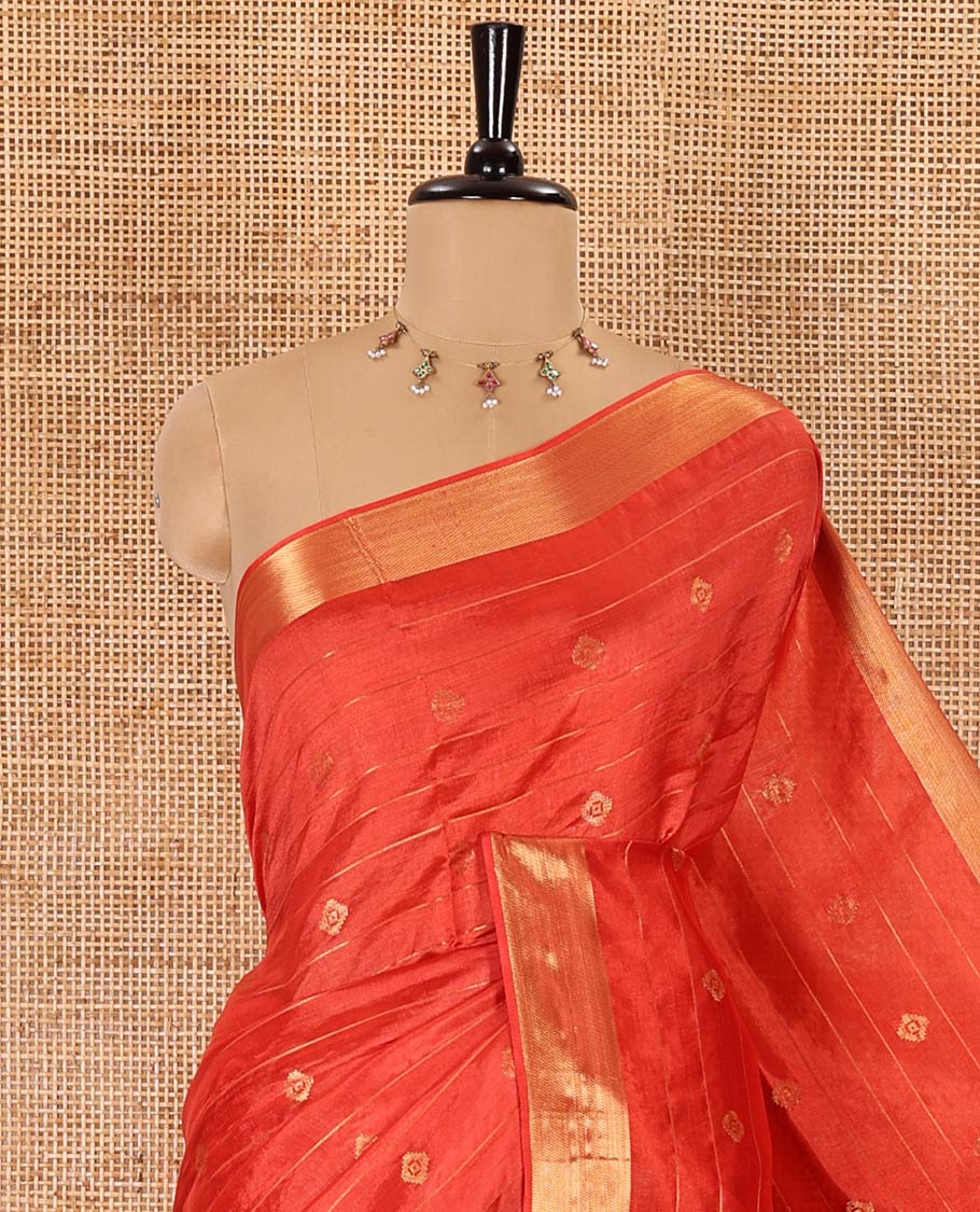Red zari buttas and striped banana pith saree, bavanji border, zari striped pallu, and a matching blouse - Image 2