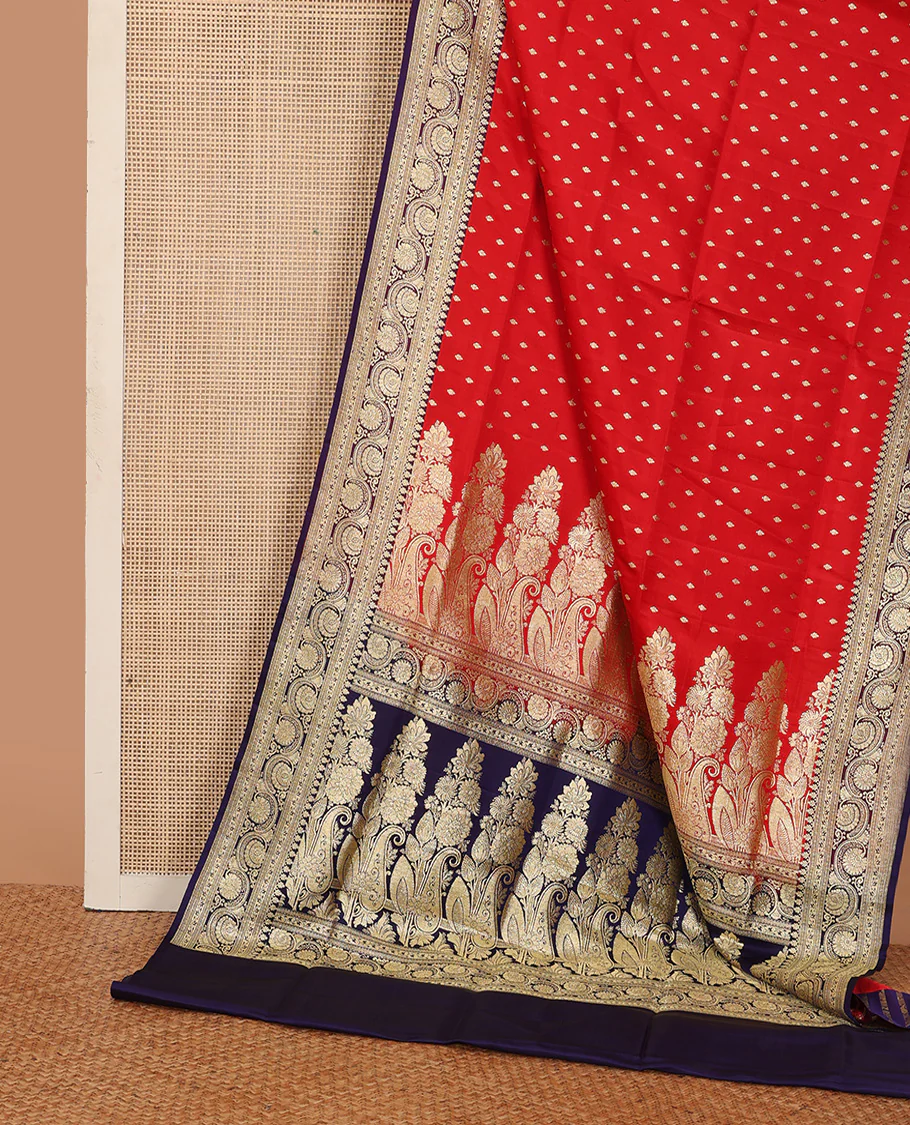 Red zari buttas banarasi silk saree, contrast traditional border of floral creeper design, and floral-paisley zari woven pallu - Image 2