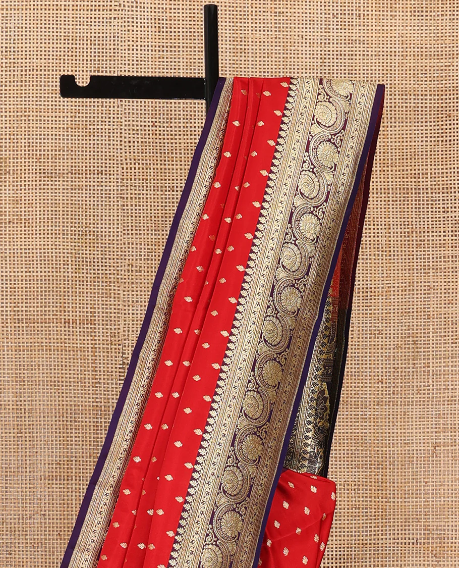 Red zari buttas banarasi silk saree, contrast traditional border of floral creeper design, and floral-paisley zari woven pallu - Image 3
