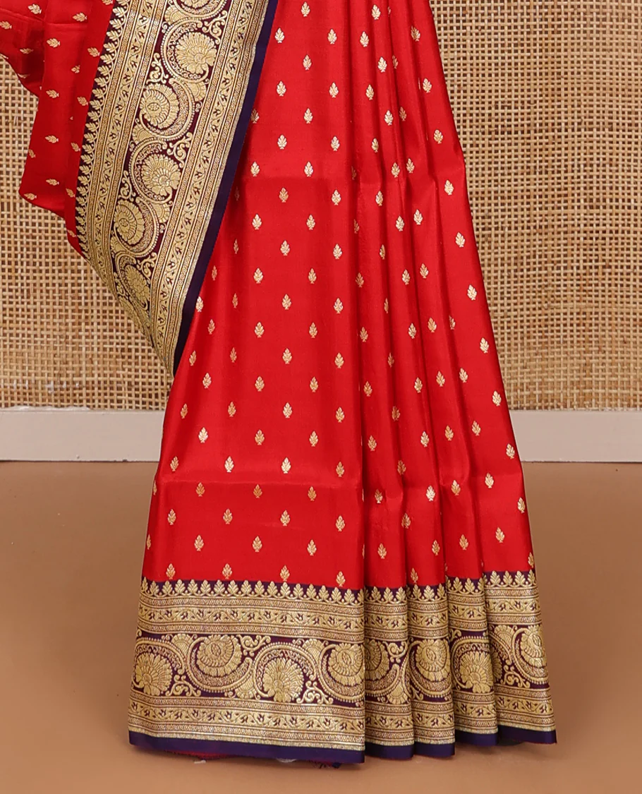 Red zari buttas banarasi silk saree, contrast traditional border of floral creeper design, and floral-paisley zari woven pallu - Image 4
