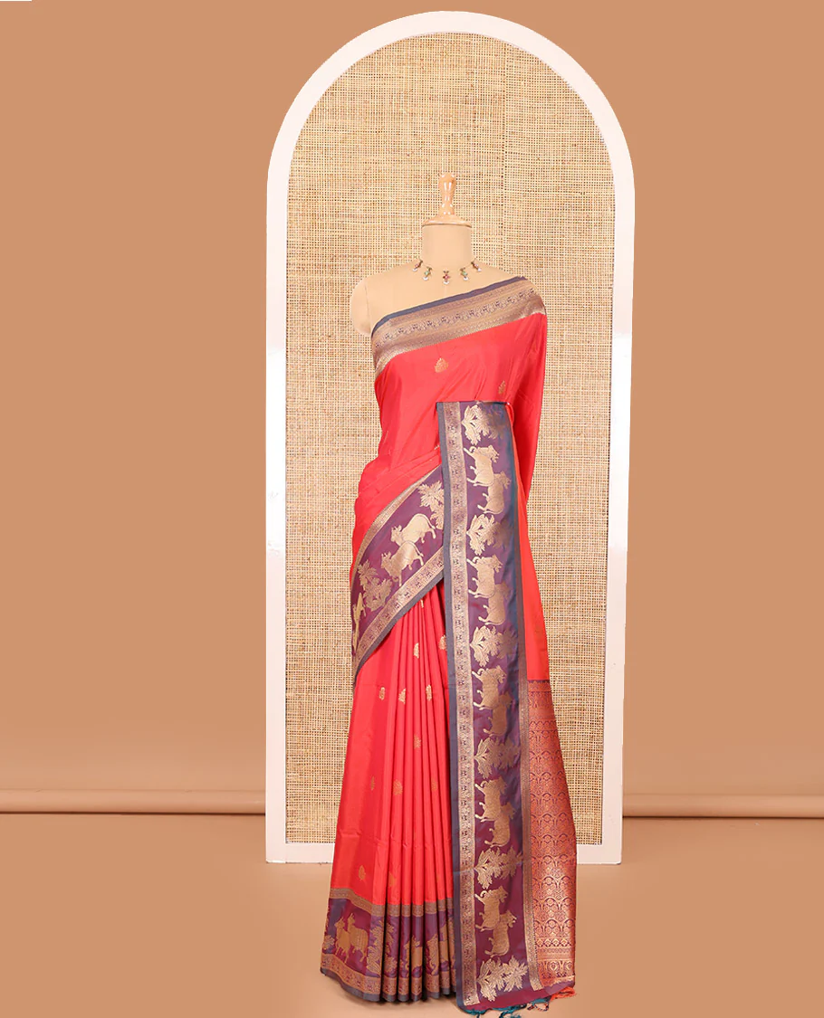 Red zari buttas elite soft silk saree, contrast traditional zari border of Pichwai cow design, scallop pallu, and a contrast zari design blouse - Image 2