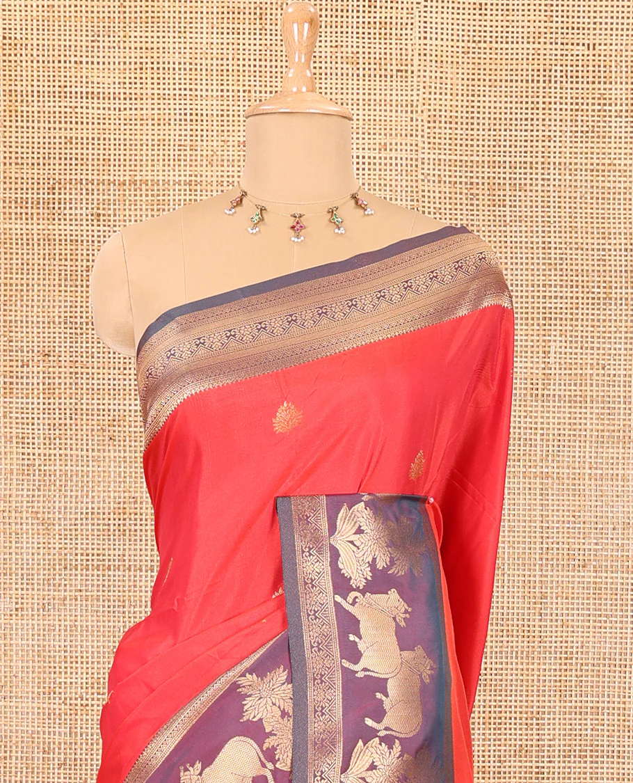 Red zari buttas elite soft silk saree, contrast traditional zari border of Pichwai cow design, scallop pallu, and a contrast zari design blouse - Image 3