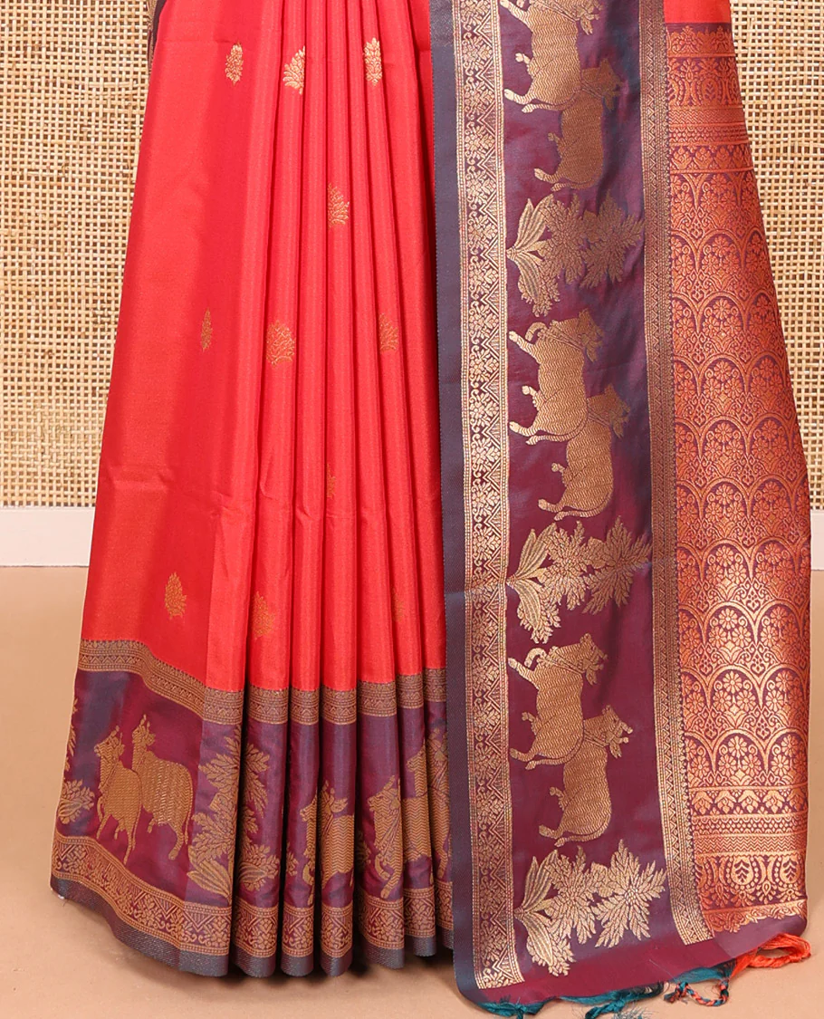 Red zari buttas elite soft silk saree, contrast traditional zari border of Pichwai cow design, scallop pallu, and a contrast zari design blouse - Image 4