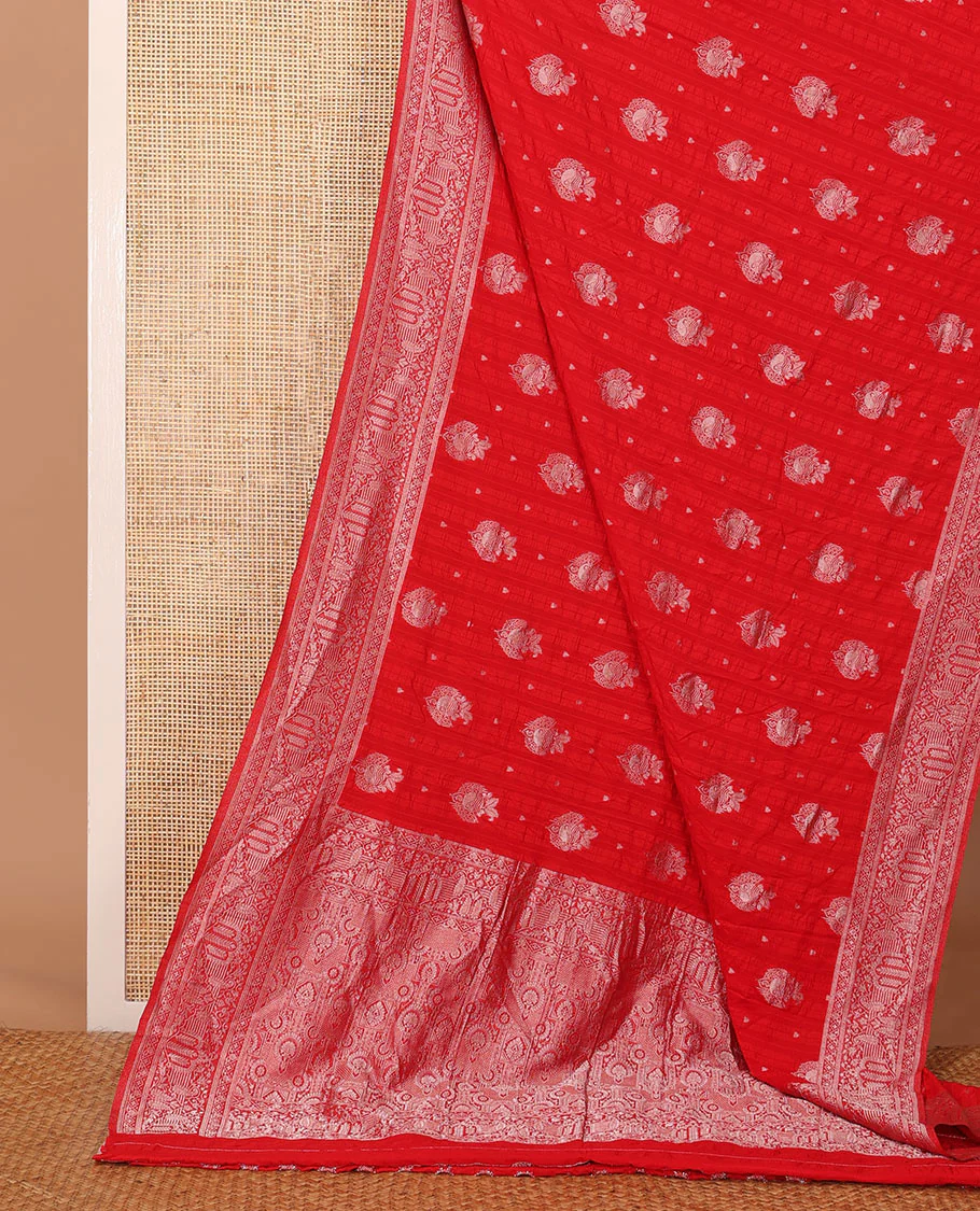 Red zari buttas fancy crepe saree, traditional zari border & intricate pallu - Image 2