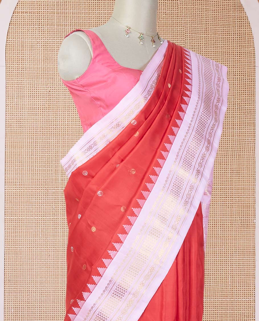 Red zari buttas gadwal silk saree, contrast vidarbha traditional zari design border & jaal pallu - Image 3