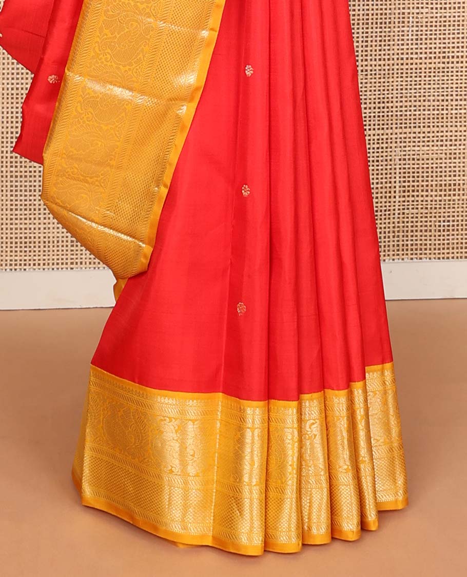 Red zari buttas Kanchipuram korvai silk saree, contrast neer korvai border of thilakam mokku, muthu, puli nagam, mayil and kuyil kann designs, and pallu of puli nagam designs - Image 5