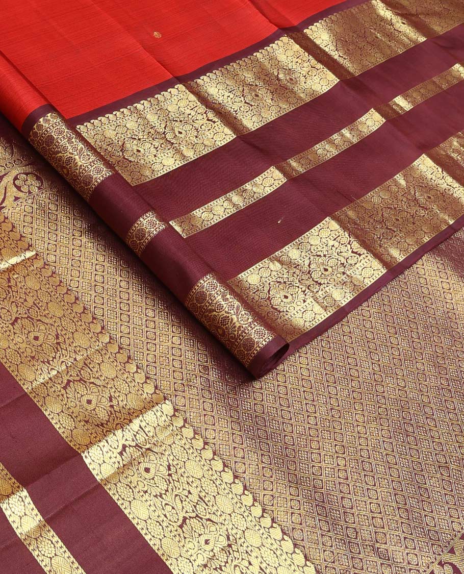 Red zari buttas Kanchipuram silk saree, contrast border of manga mokku, poun, laddu kamalam, and zari designs, and jaal pallu - Image 2