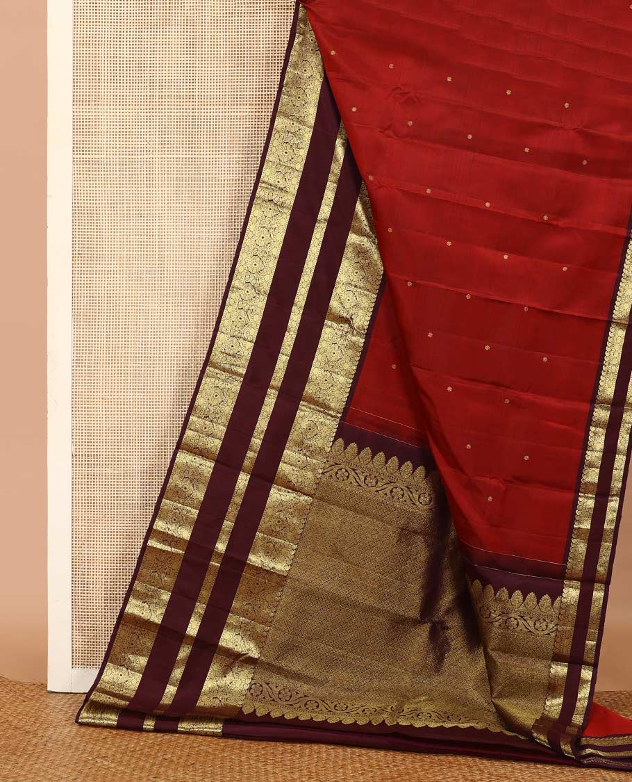Red zari buttas Kanchipuram silk saree, contrast border of manga mokku, poun, laddu kamalam, and zari designs, and jaal pallu - Image 3