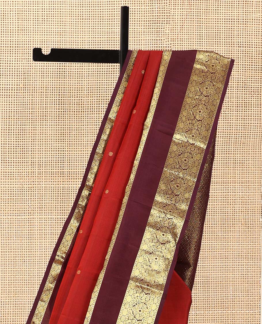 Red zari buttas Kanchipuram silk saree, contrast border of manga mokku, poun, laddu kamalam, and zari designs, and jaal pallu - Image 4