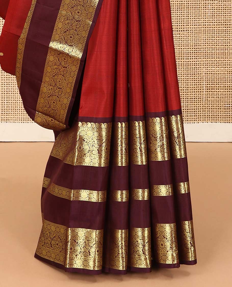 Red zari buttas Kanchipuram silk saree, contrast border of manga mokku, poun, laddu kamalam, and zari designs, and jaal pallu - Image 5