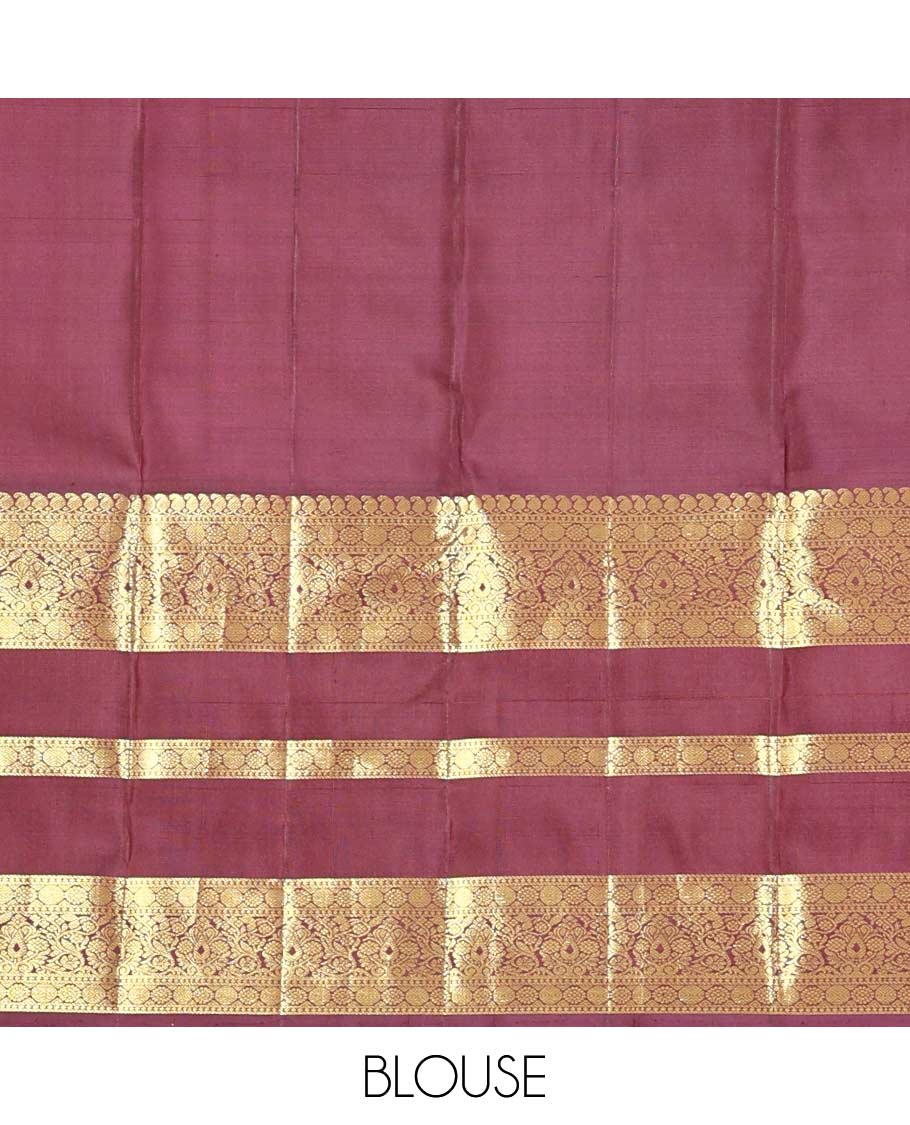 Red zari buttas Kanchipuram silk saree, contrast border of manga mokku, poun, laddu kamalam, and zari designs, and jaal pallu - Image 6