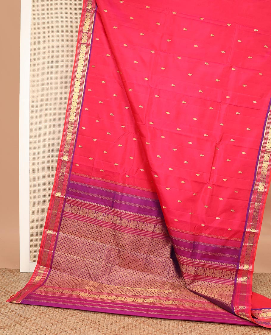 Red zari buttas Kanchipuram silk saree, contrast border of manga, neli, annam and chakram designs, and poun and diamond motifs steeped pallu - Image 3