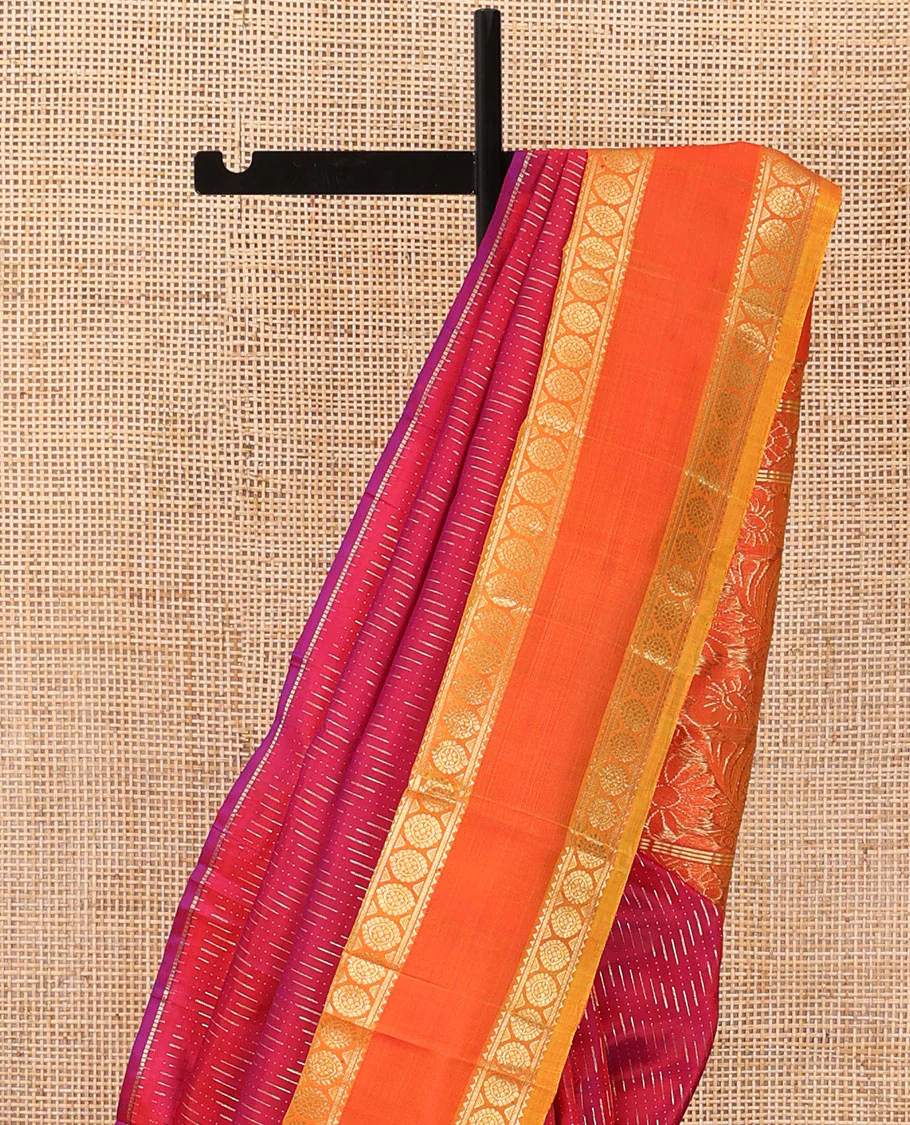Red zari buttas Kanchipuram silk saree, contrast rettai pettu one-sided border of rekku,banaras & chakram designs & floral design pallu - Image 4