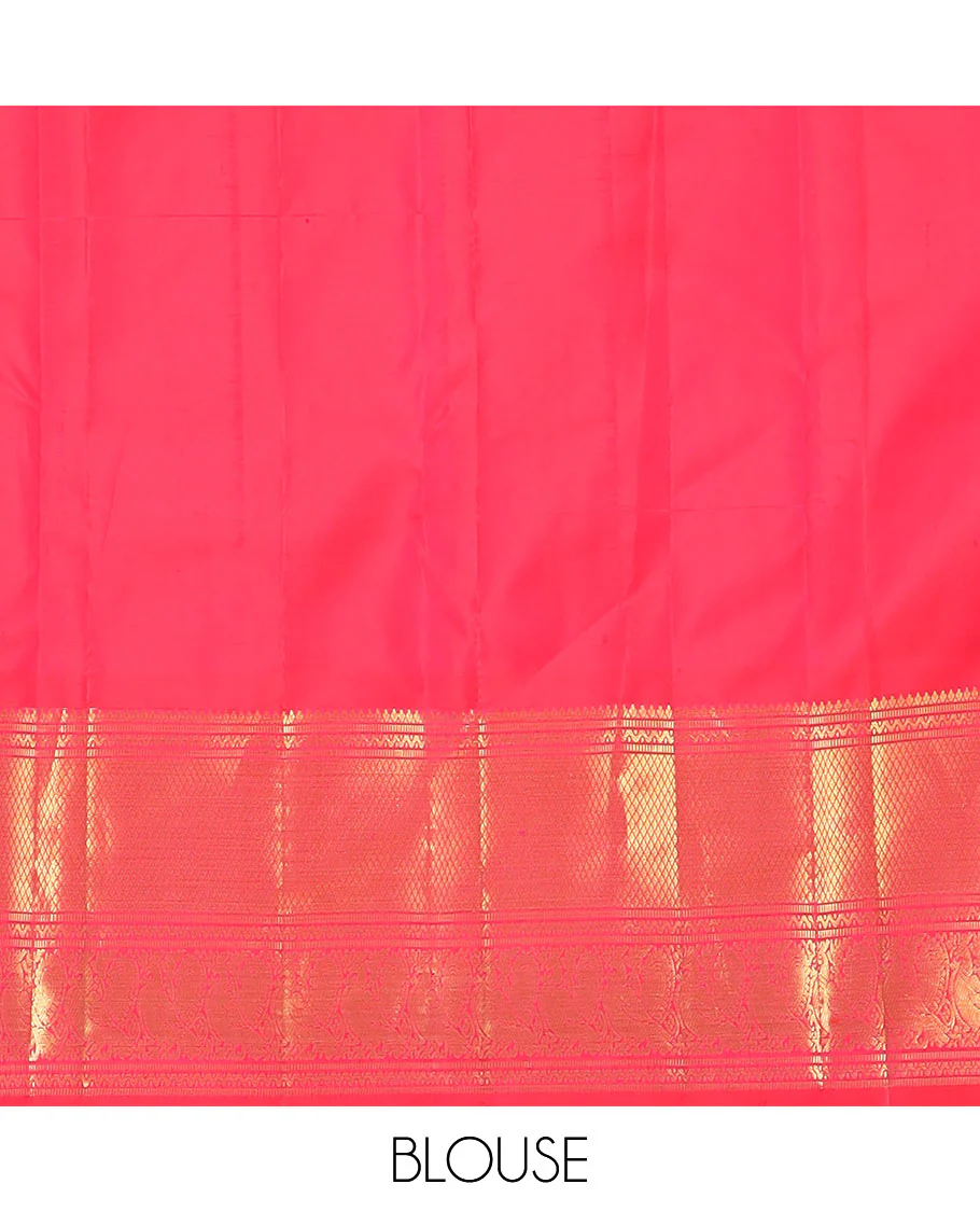 Red zari buttas Kanchipuram silk saree, zari border of muthu, neli, mayil, and mayil kann designs, and chakram design pallu - Image 6