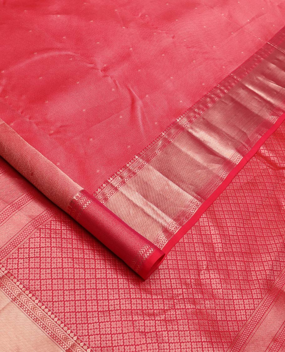 Red zari buttas Kanchipuram wedding silk saree, zari border of traditional designs, and zari rich jaal pallu - Image 2
