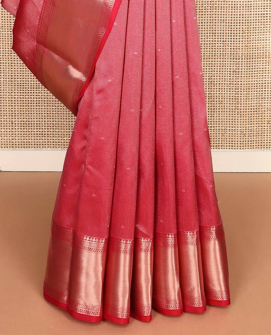 Red zari buttas Kanchipuram wedding silk saree, zari border of traditional designs, and zari rich jaal pallu - Image 5