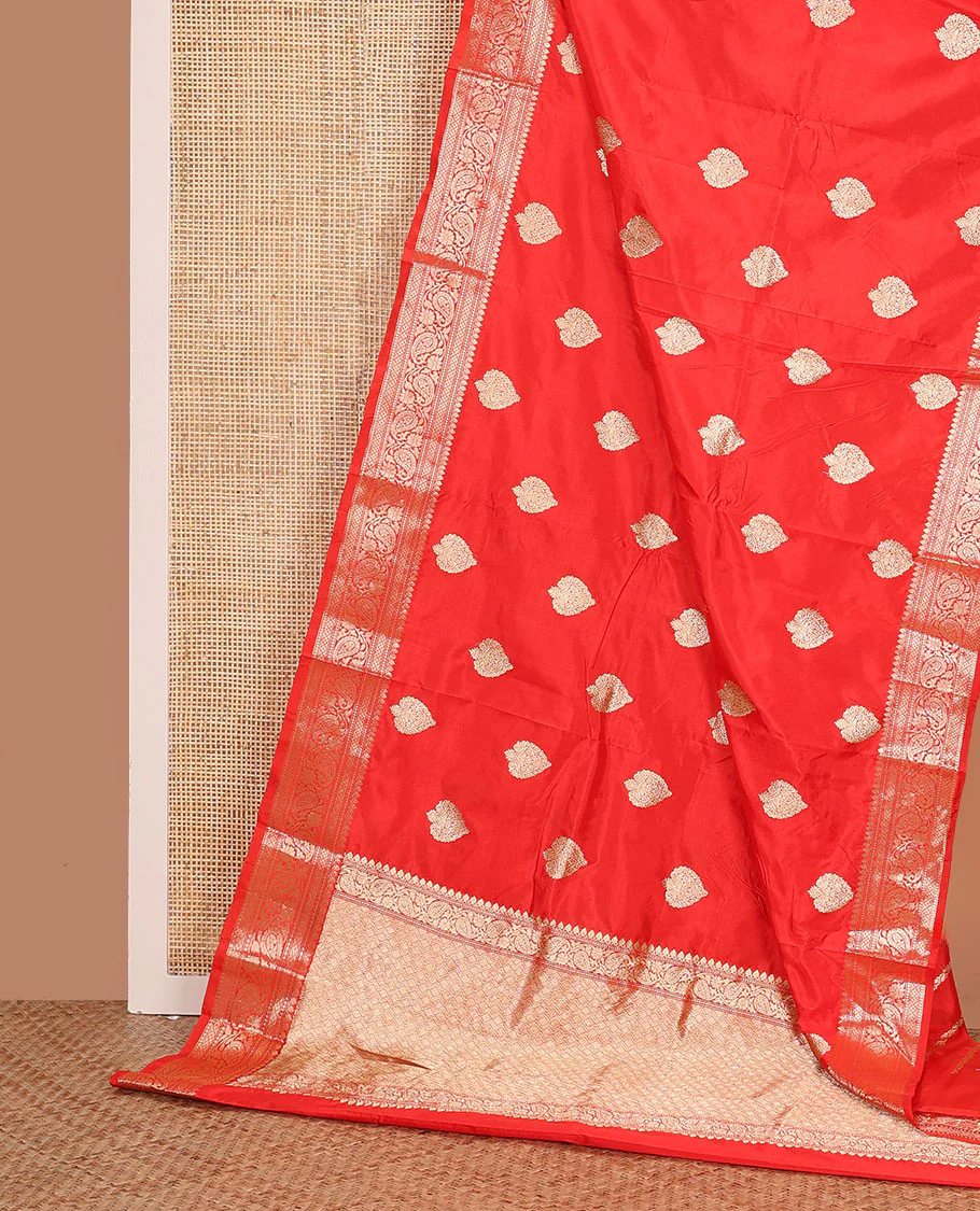 Red zari buttas kathan silk saree, traditional border of paisley creeper designs, and jaal pallu - Image 3