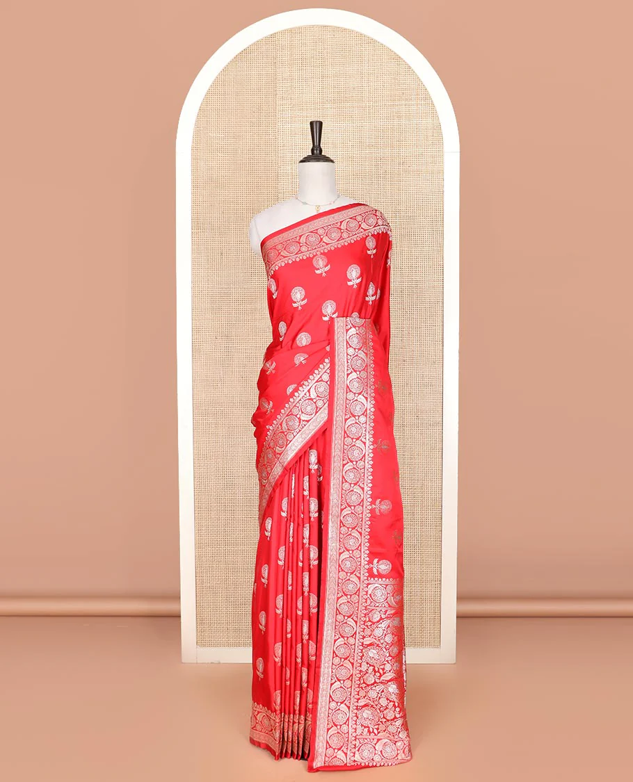 Red zari buttas mushru silk saree, floral creeper design border, and floral jaal design pallu - Image 2