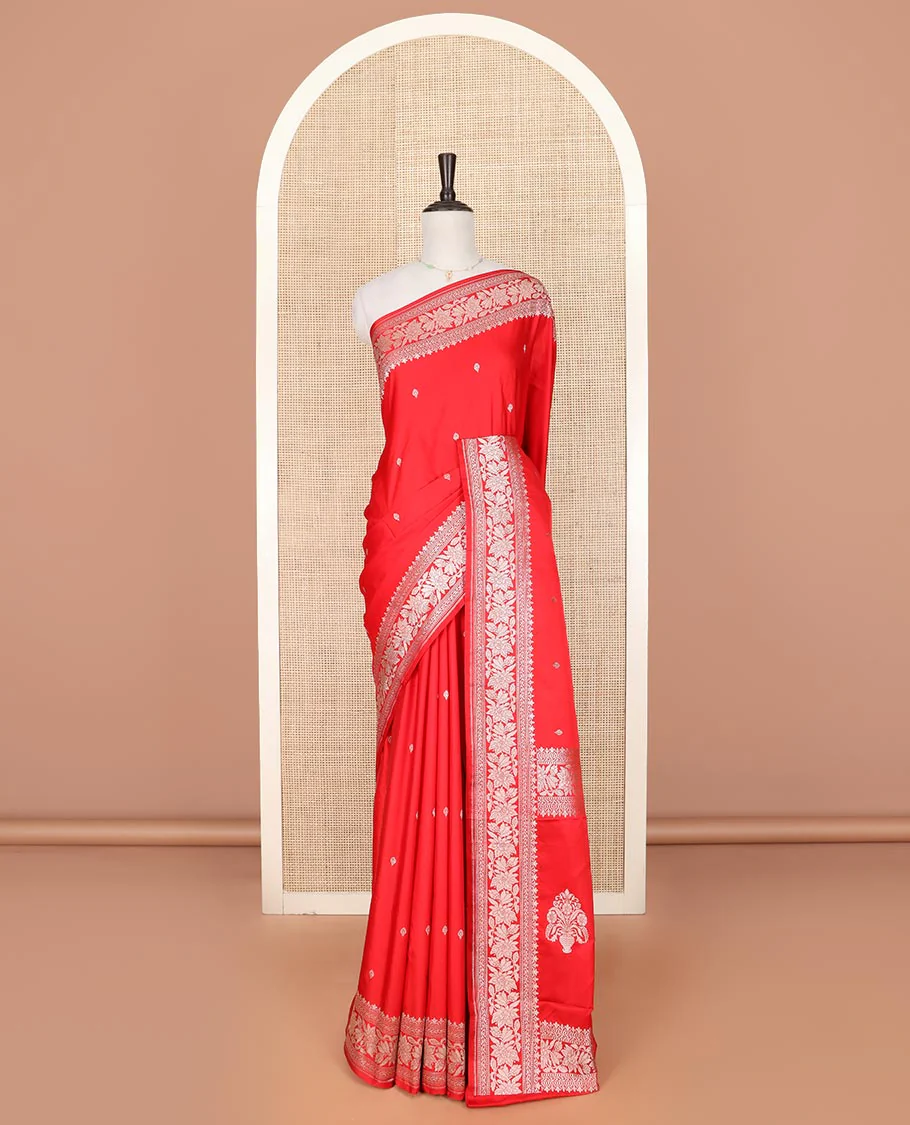 Red zari buttas mushru silk saree, self-border of floral creeper designs, and flower vase buttas woven pallu - Image 2