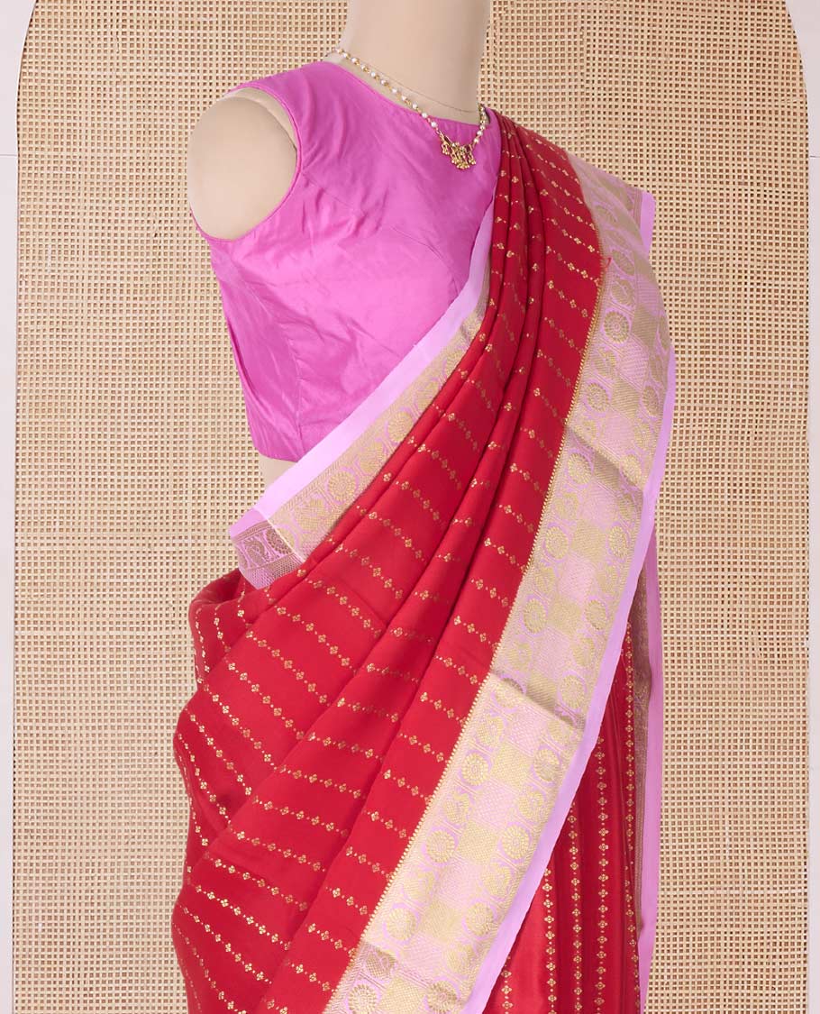 Red zari buttas Mysore silk saree, contrast peacock chakra motifs border, and traditional zari design pallu - Image 3