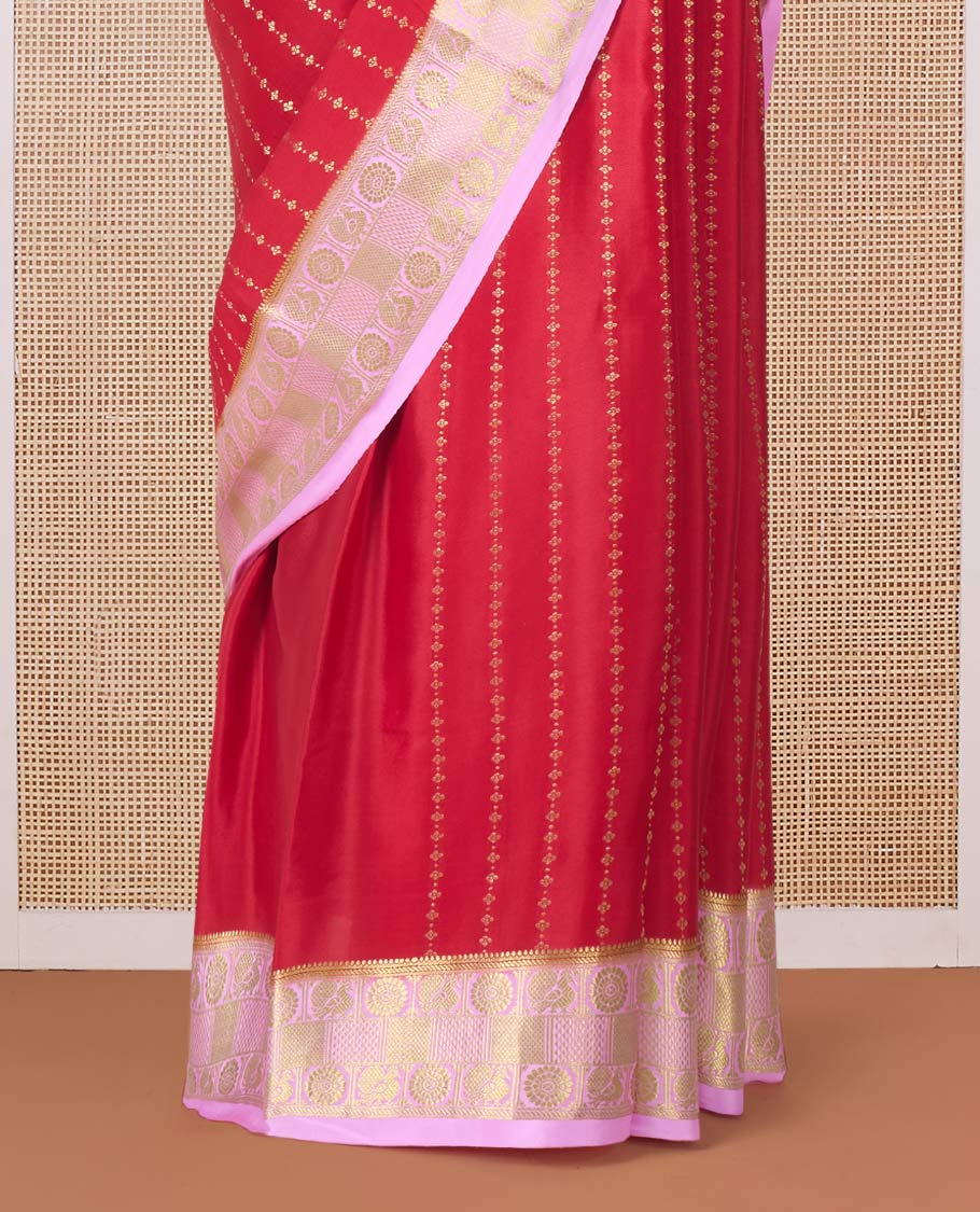 Red zari buttas Mysore silk saree, contrast peacock chakra motifs border, and traditional zari design pallu - Image 4