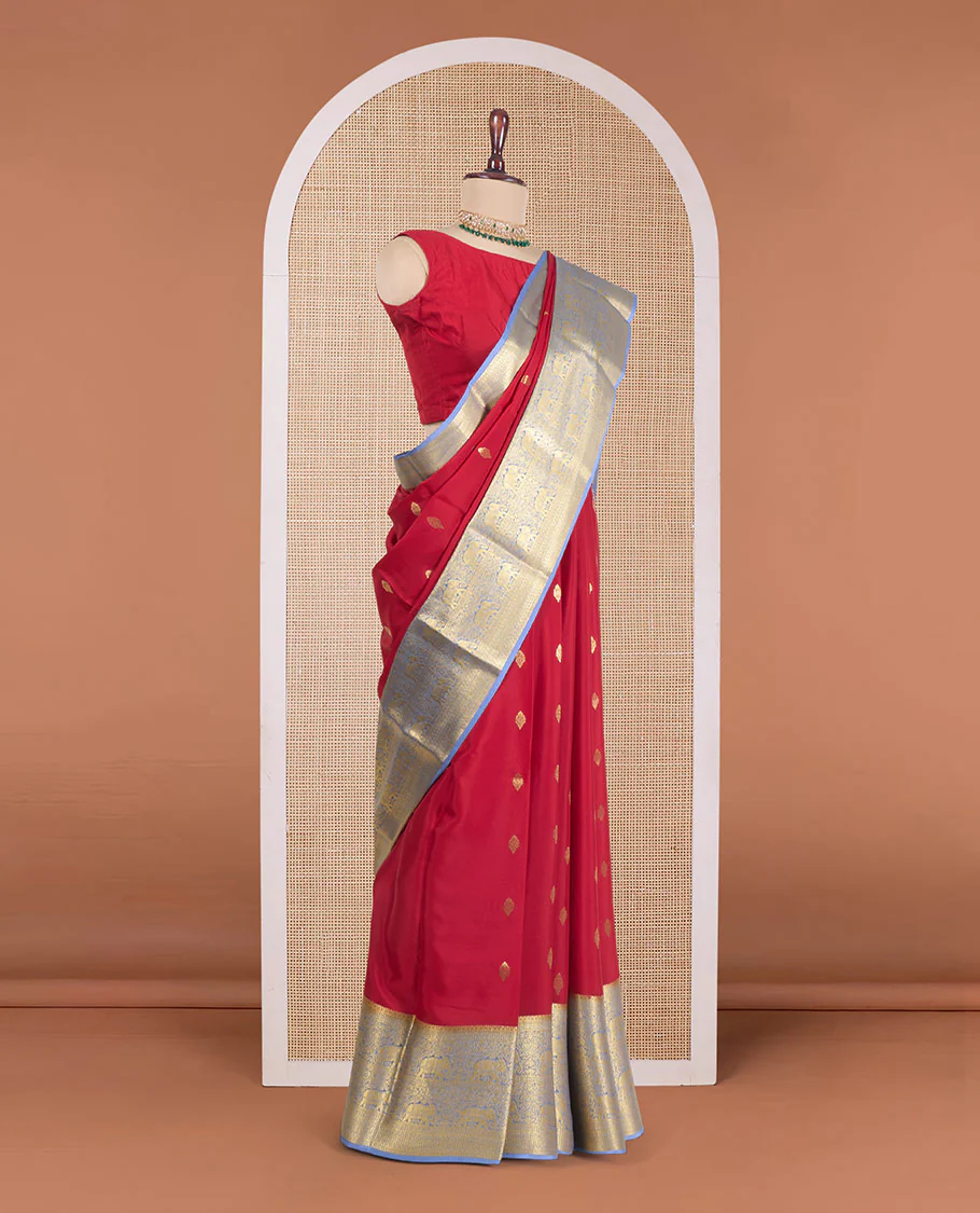 Red zari buttas Mysore silk saree, contrast traditional zari border of elephant motifs, and pallu of paisley, and elephant motifs