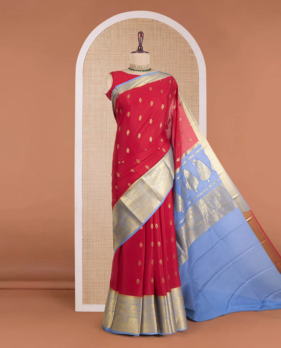 Red zari buttas Mysore silk saree, contrast traditional zari border of elephant motifs, and pallu of paisley, and elephant motifs - Image 2