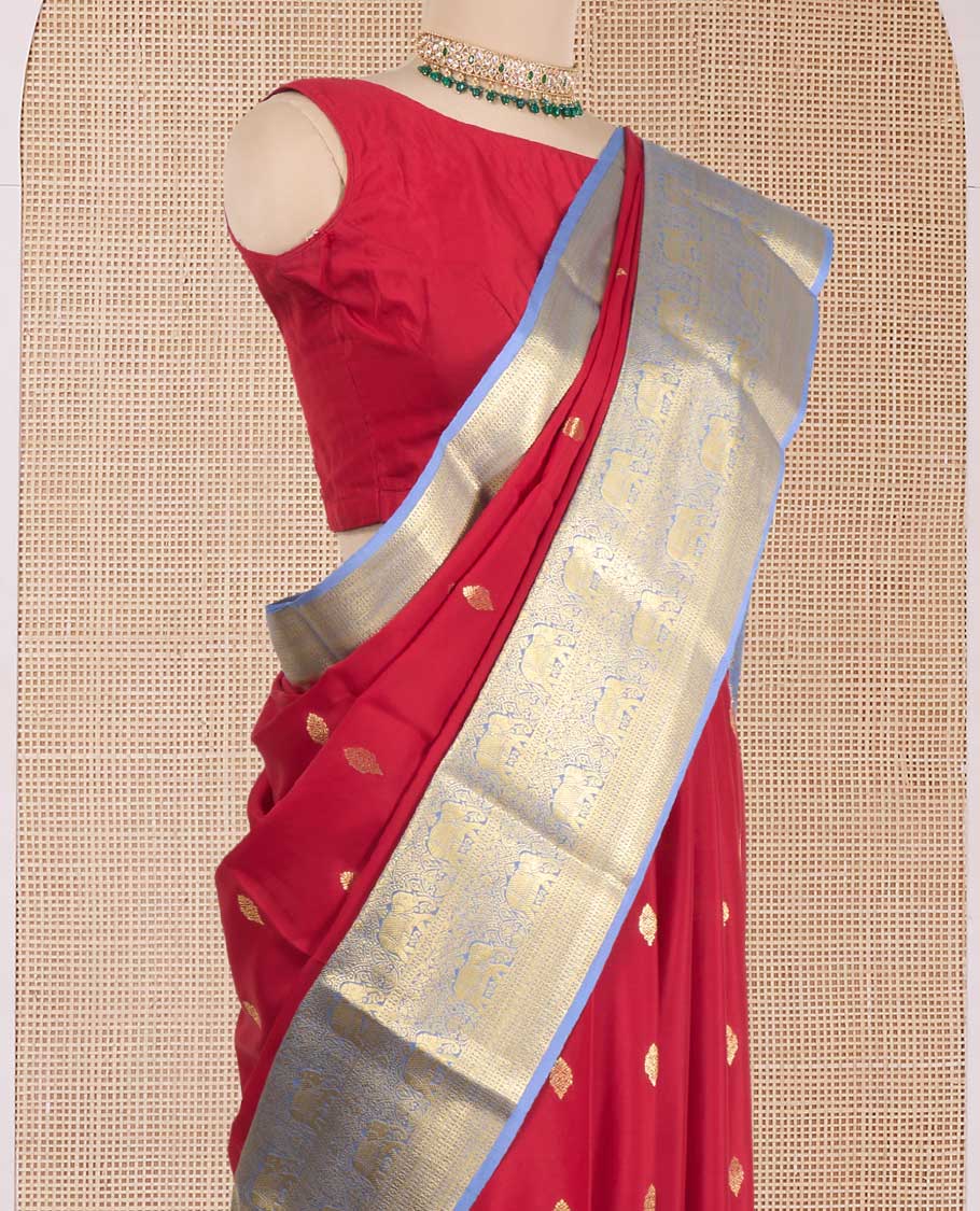 Red zari buttas Mysore silk saree, contrast traditional zari border of elephant motifs, and pallu of paisley, and elephant motifs - Image 3