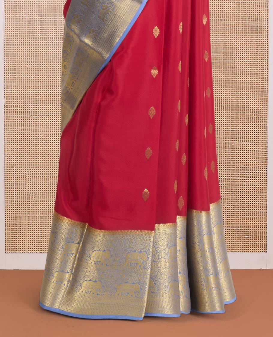 Red zari buttas Mysore silk saree, contrast traditional zari border of elephant motifs, and pallu of paisley, and elephant motifs - Image 4