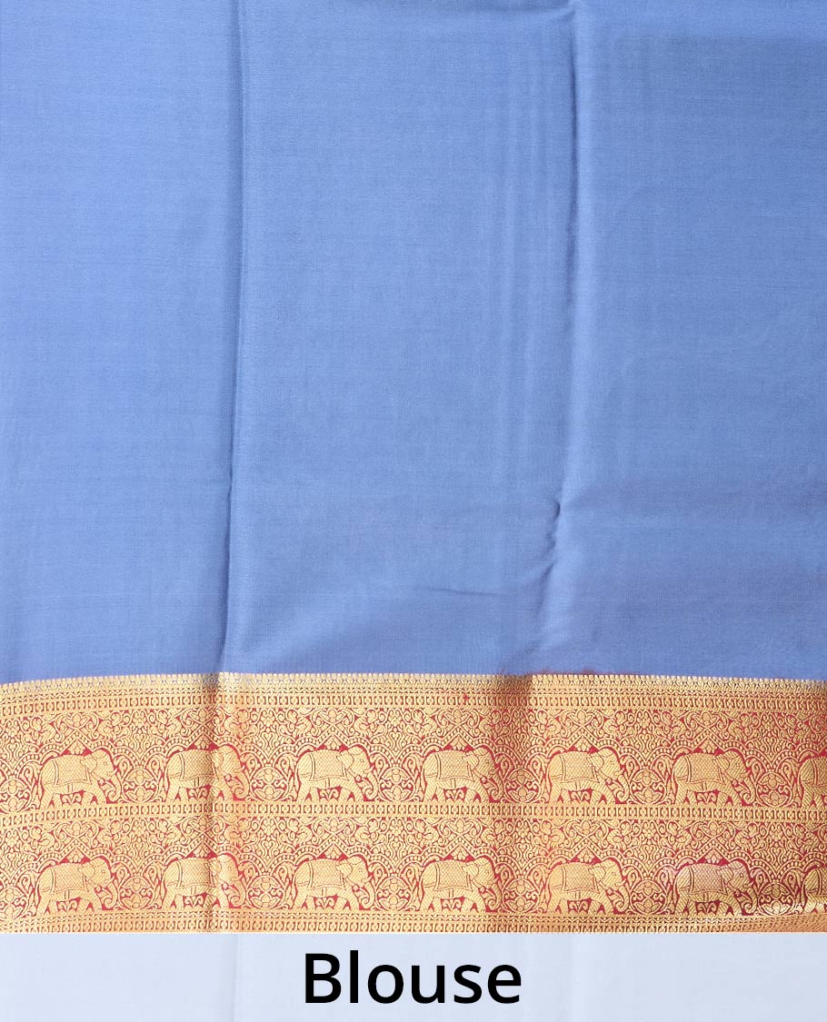 Red zari buttas Mysore silk saree, contrast traditional zari border of elephant motifs, and pallu of paisley, and elephant motifs - Image 5