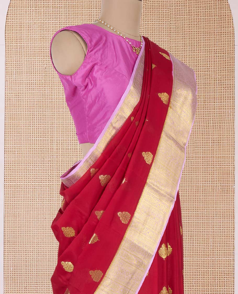 Red zari buttas Mysore silk saree, contrast traditional zari design border, and jaal pallu - Image 3