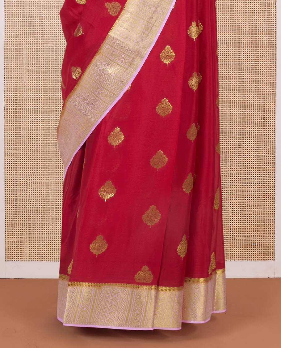 Red zari buttas Mysore silk saree, contrast traditional zari design border, and jaal pallu - Image 4