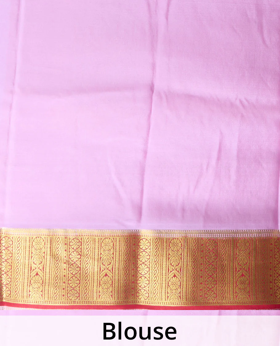 Red zari buttas Mysore silk saree, contrast traditional zari design border, and jaal pallu - Image 5