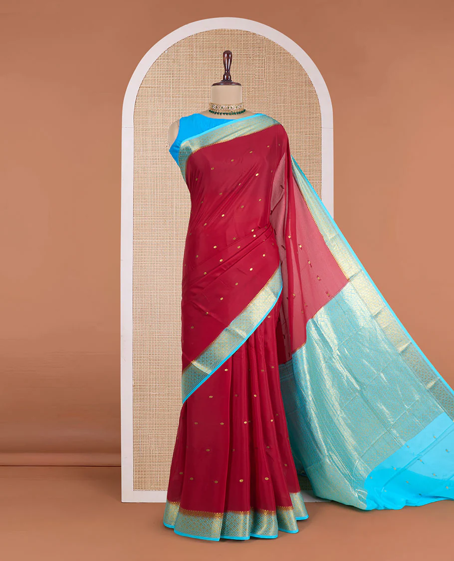 Red zari buttas Mysore silk saree, contrast zari jaal design border, and zari-rich jaal pallu - Image 2