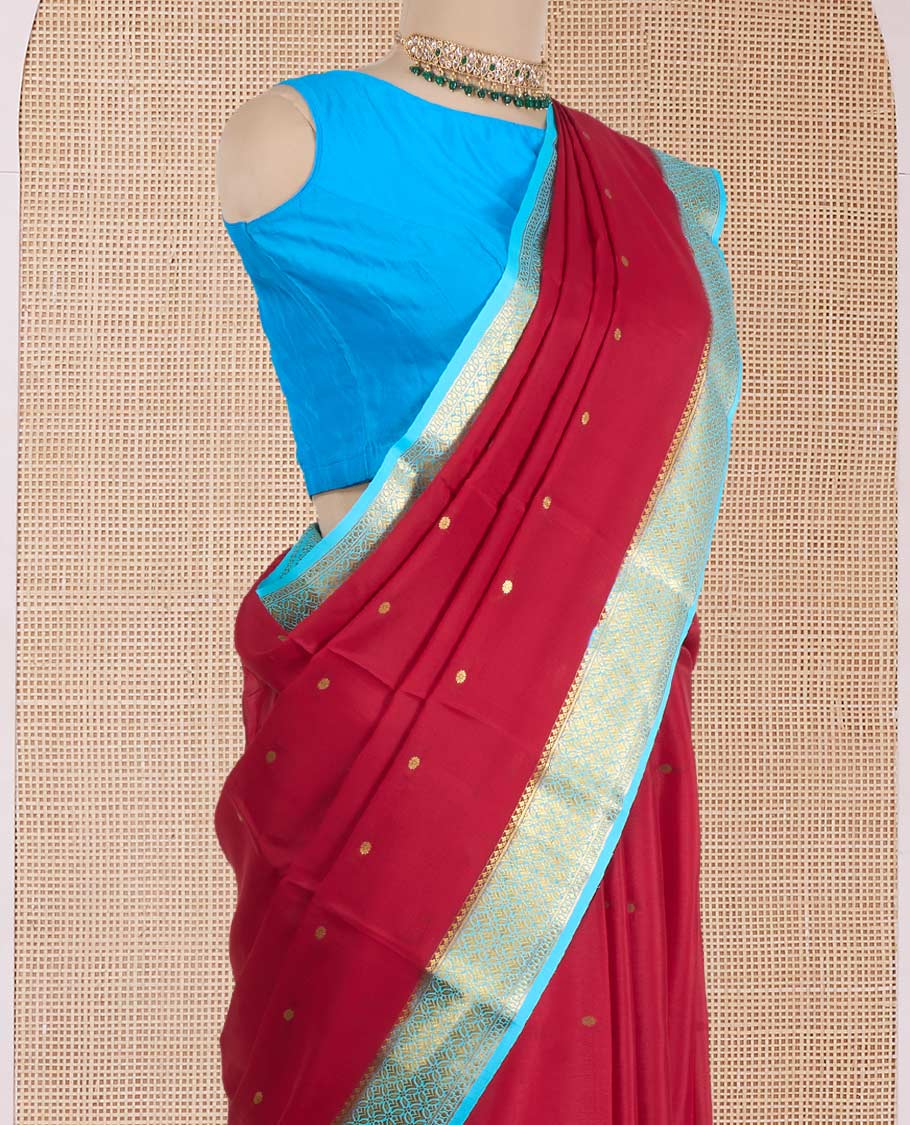 Red zari buttas Mysore silk saree, contrast zari jaal design border, and zari-rich jaal pallu - Image 3
