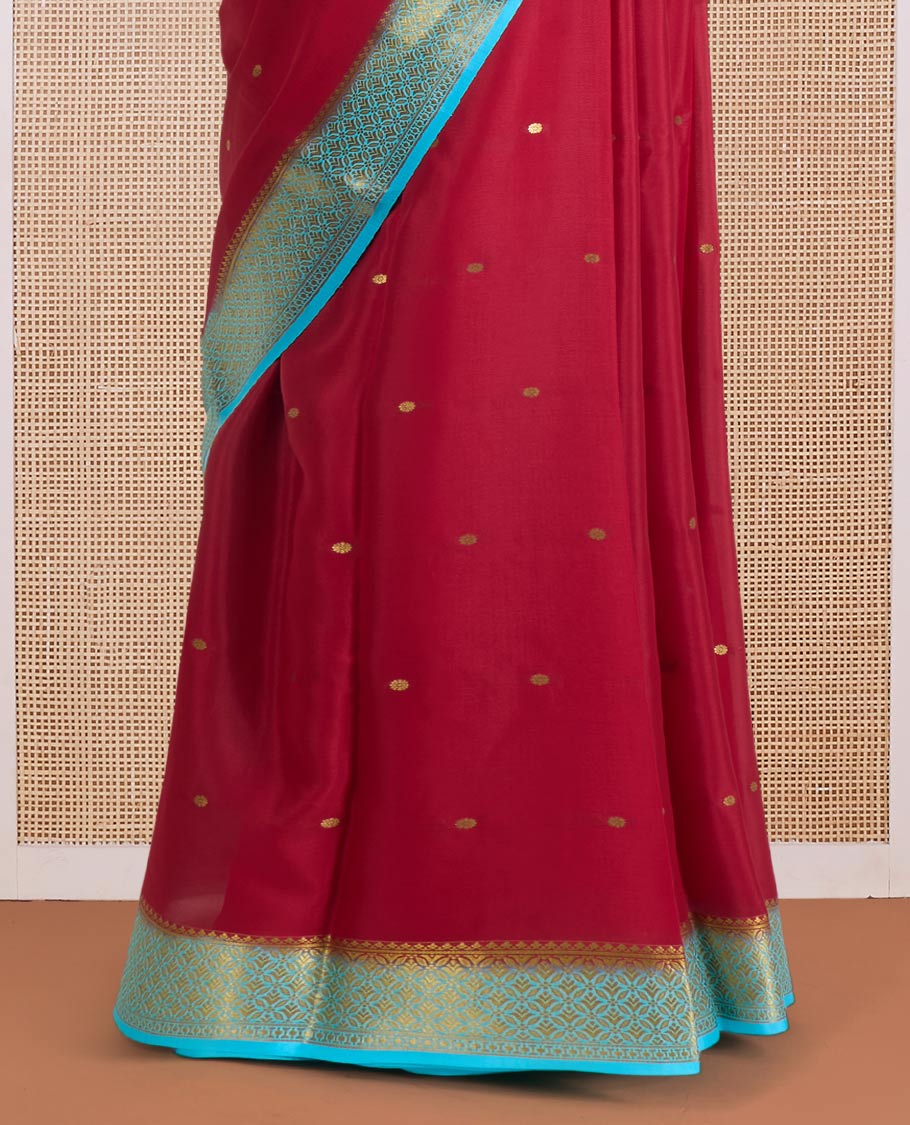 Red zari buttas Mysore silk saree, contrast zari jaal design border, and zari-rich jaal pallu - Image 4