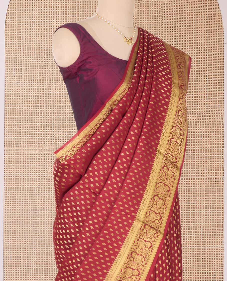 Red zari buttas Mysore silk saree, traditional zari border of floral creeper designs, and pallu of ogee patterns - Image 3
