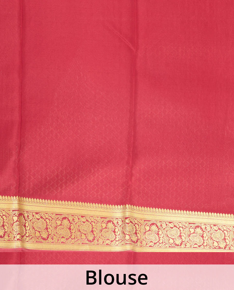 Red zari buttas Mysore silk saree, traditional zari border of floral creeper designs, and pallu of ogee patterns - Image 5